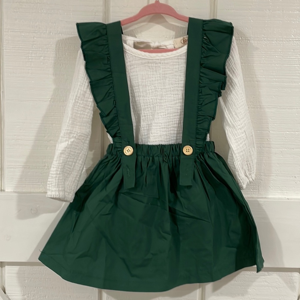3T White & Green 2-piece overall dress